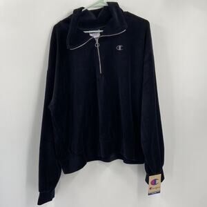 NWT Champion Small C Satin Black Velour Quarter Zip Sweatshirt